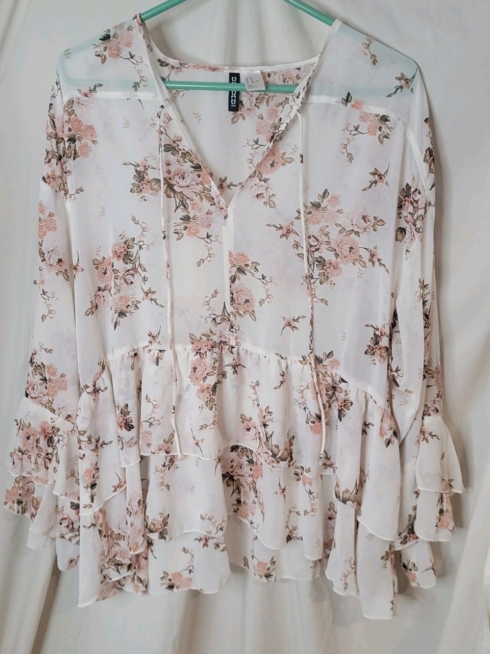 Divided White Pink Floral Ruffle Peasant Blouse Ruffle Romantic Sheer V Neck